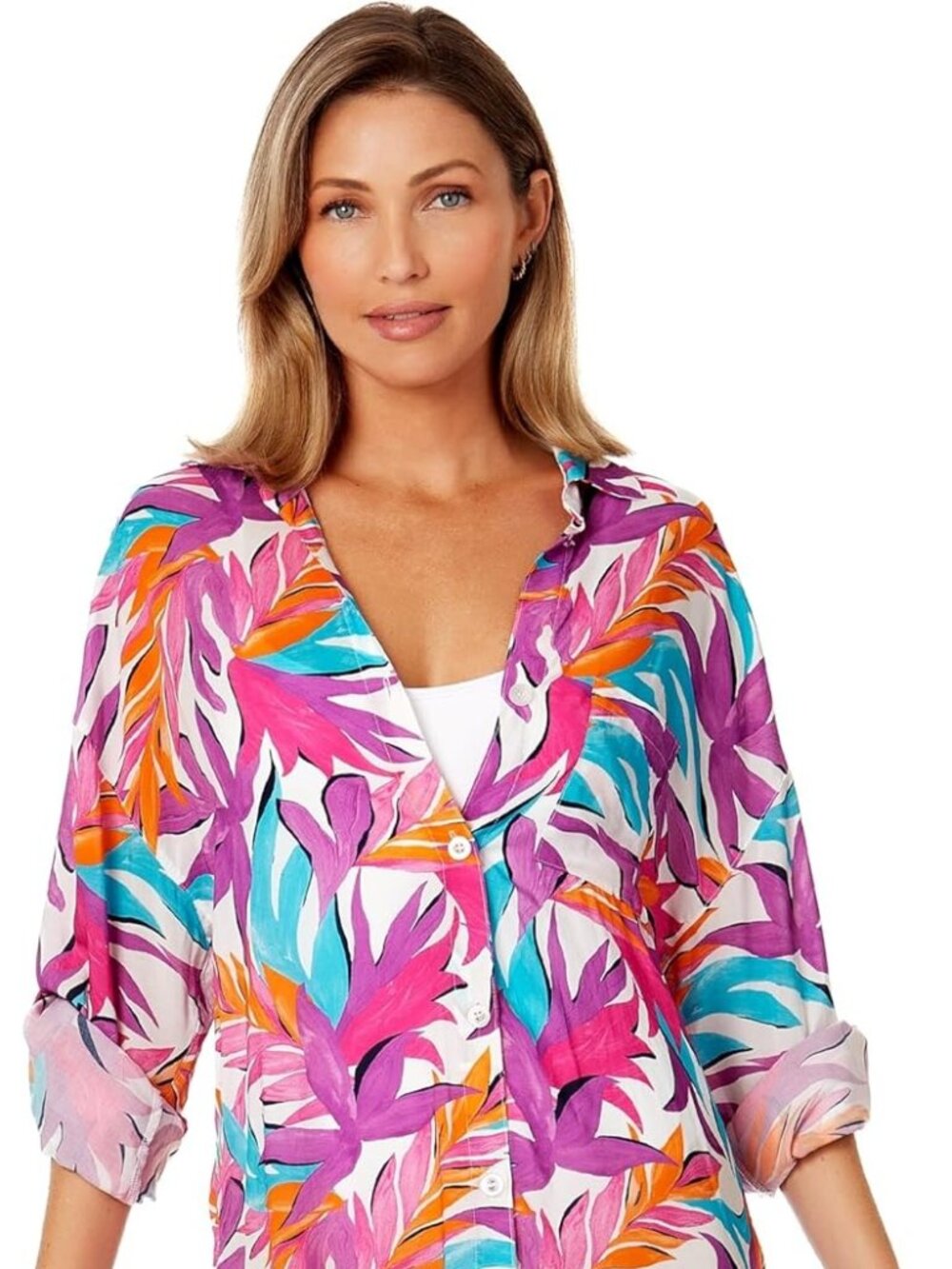 Anne Cole Boyfriend Button-Down Tunic Cover-Up Purple Multi XS/S NWT